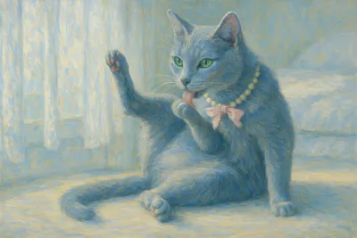 春の窓辺で毛づくろいするロシアンブルー