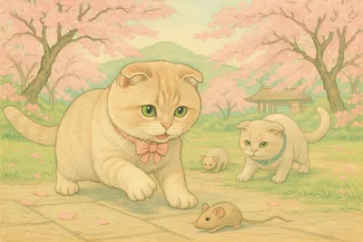 春の庭でネズミを追う猫たち