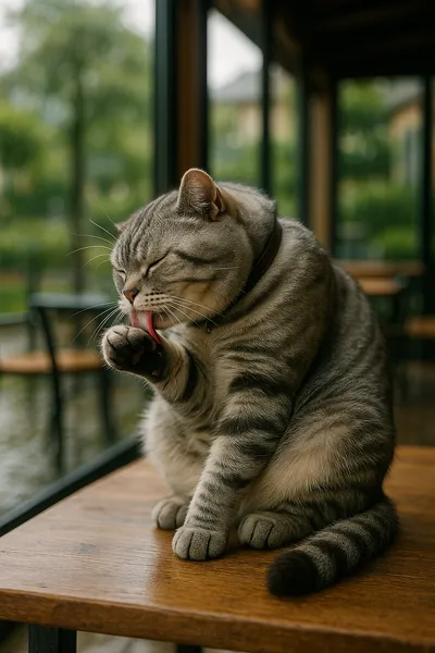 雨上がりのカフェで毛づくろいするスコティッシュフォールド