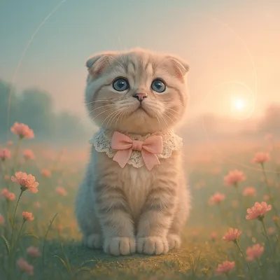 朝の田園でたたずむスコティッシュフォールドの仔猫