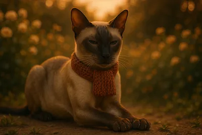 夕暮れの庭でこねこねするシャム猫