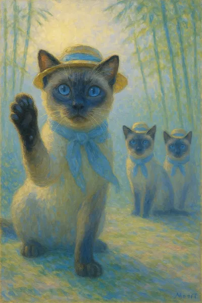 竹の庭で手招きするシャム猫