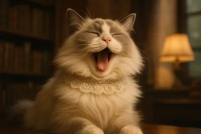 書斎の朝とあくび猫