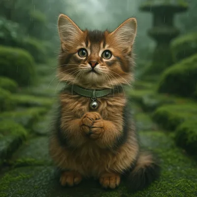 霧雨の庭でお願いするソマリの仔猫