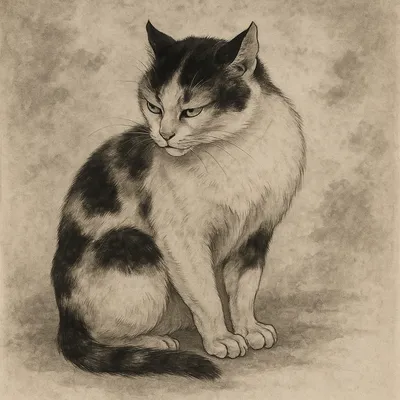 墨の静寂に佇む三毛猫