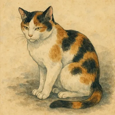 水彩に溶ける三毛猫のひととき